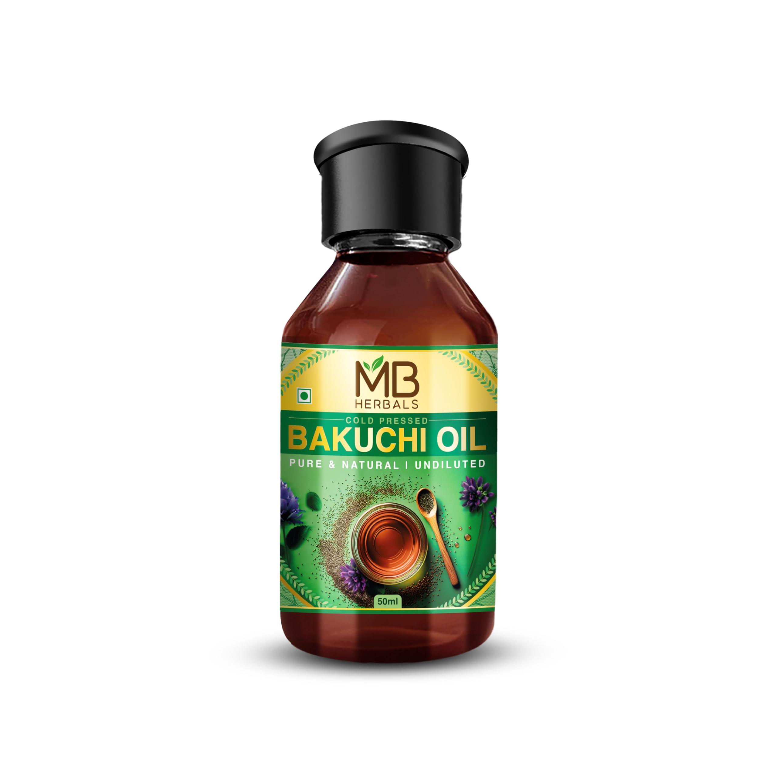 MB Herbals Bakuchi oil bottle in premium dark packaging for external skincare use.