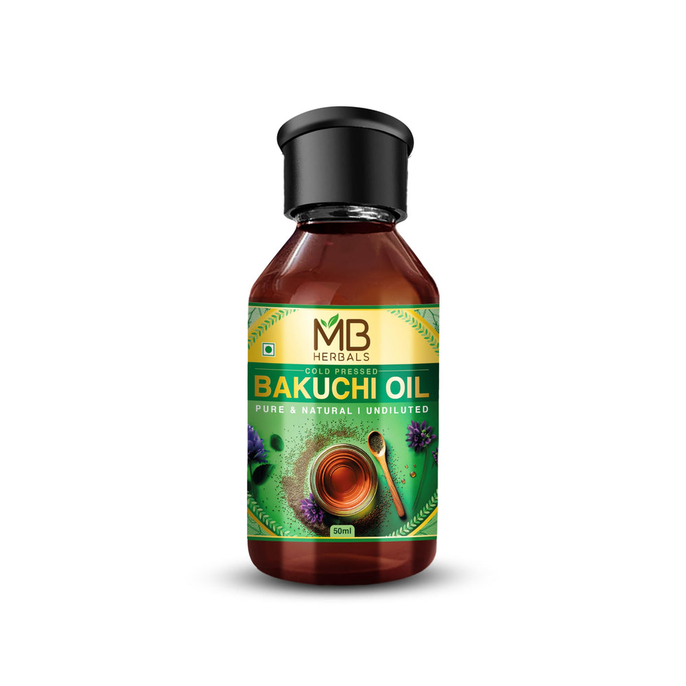 MB Herbals Bakuchi oil bottle in premium dark packaging for external skincare use.