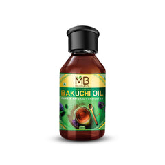 MB Herbals Bakuchi oil bottle in premium dark packaging for external skincare use.