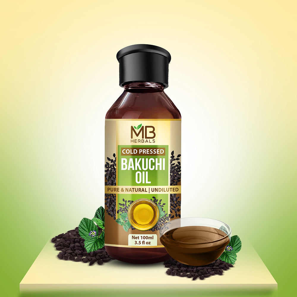 MB Herbals Bakuchi Oil label closeup highlights purity and Indian sourcing for quality