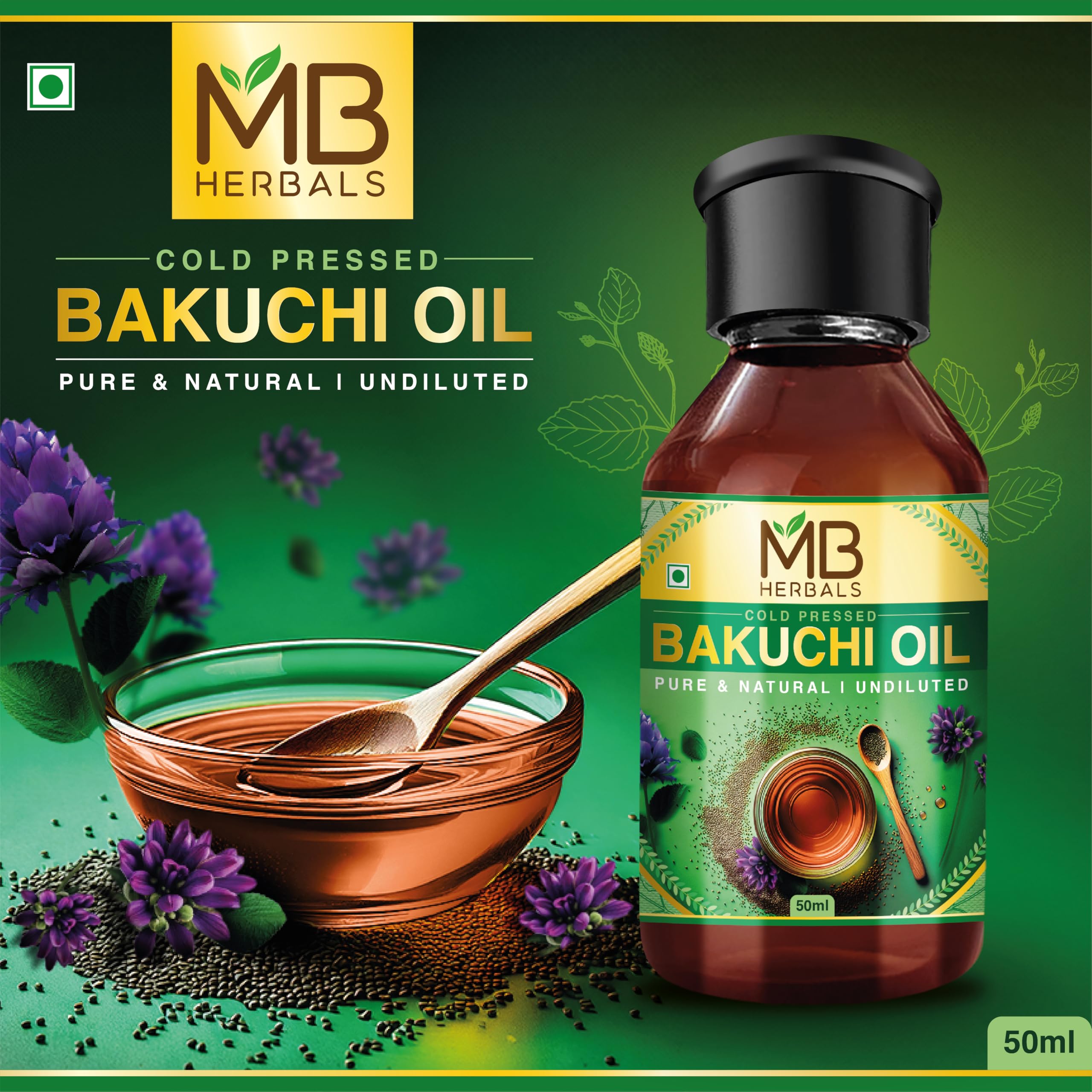MB Herbals Bakuchi oil pour shot highlighting cold-pressed purity for hair and skin routines.