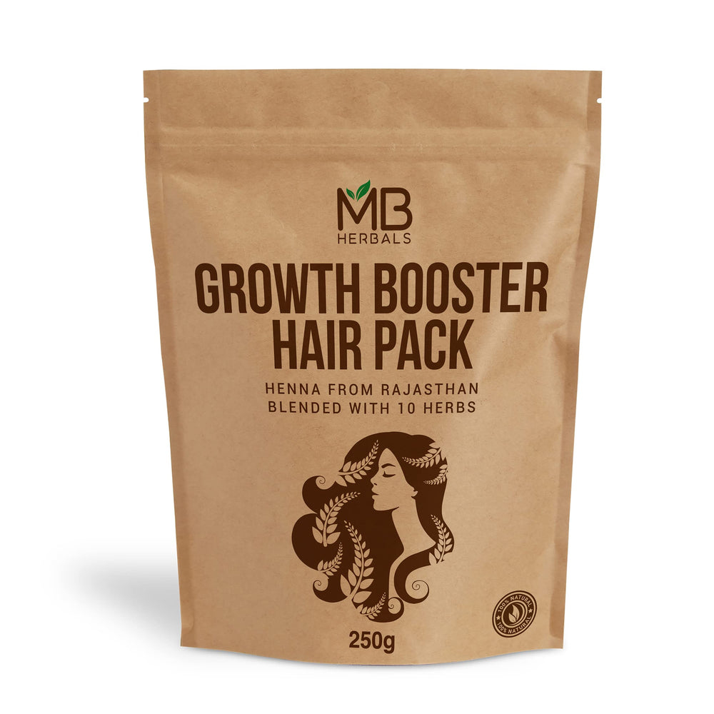 MB Herbals Growth Booster Hair Pack powder in a bowl for nourishing hair care