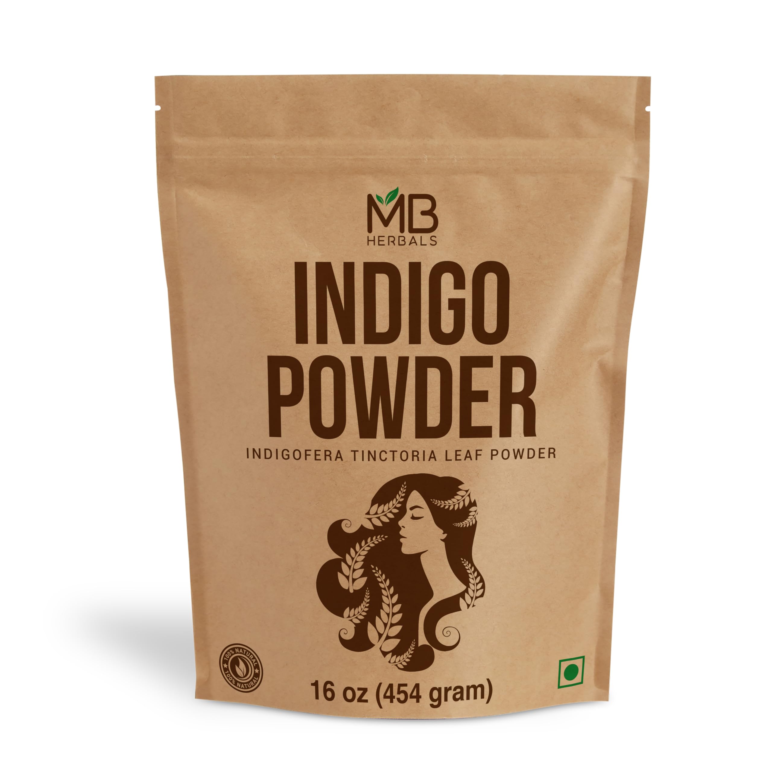 MB Herbals Pure Indigo Powder bag showing natural indigo leaves for authentic hair color prep