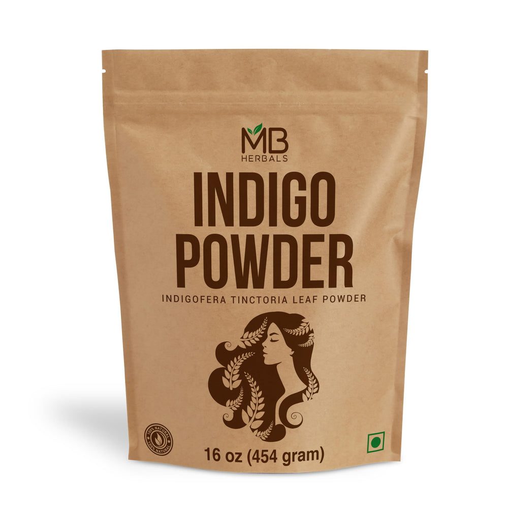 MB Herbals Pure Indigo Powder bag showing natural indigo leaves for authentic hair color prep