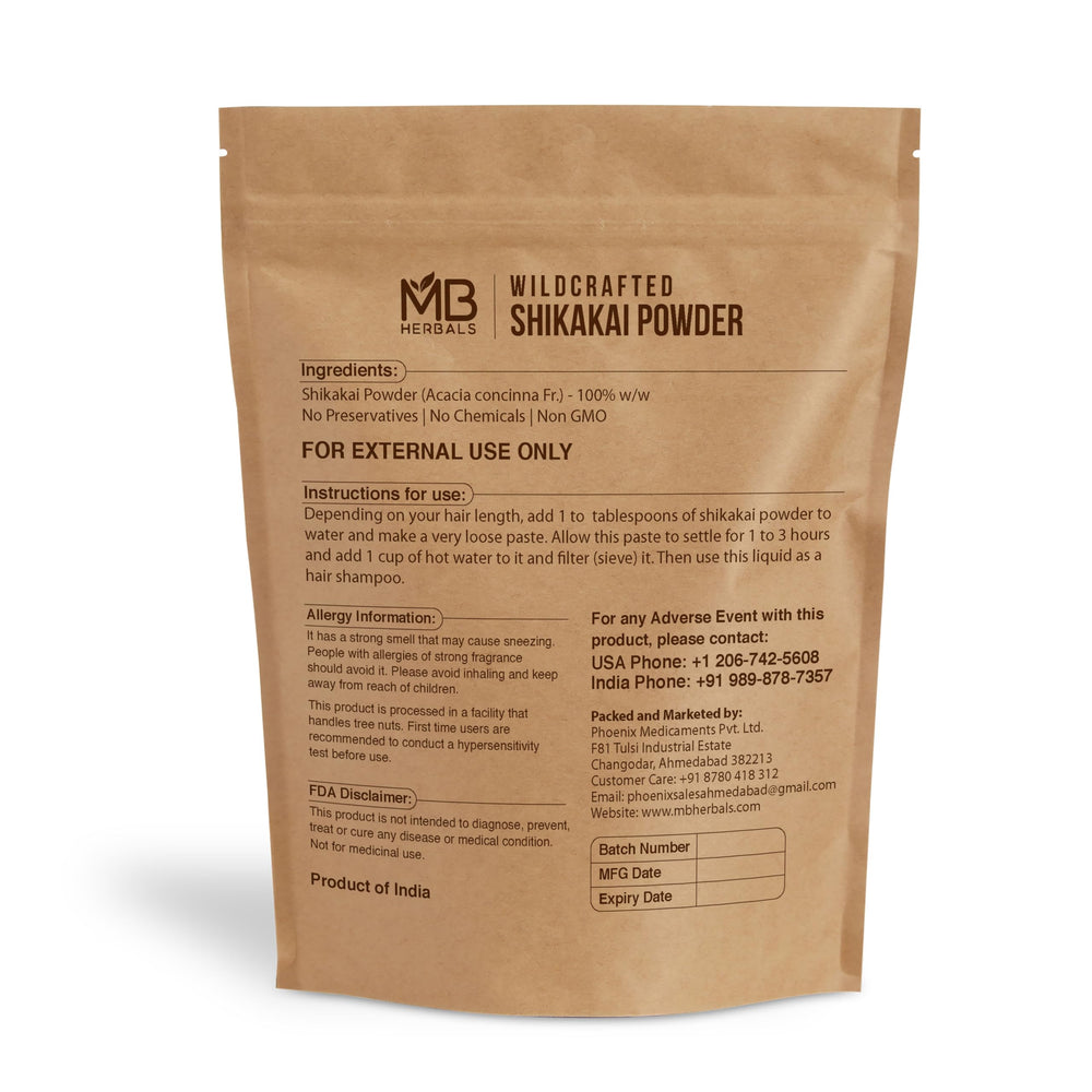MB Herbals Shikakai Powder packaging with scoop, ideal for gentle cleansing