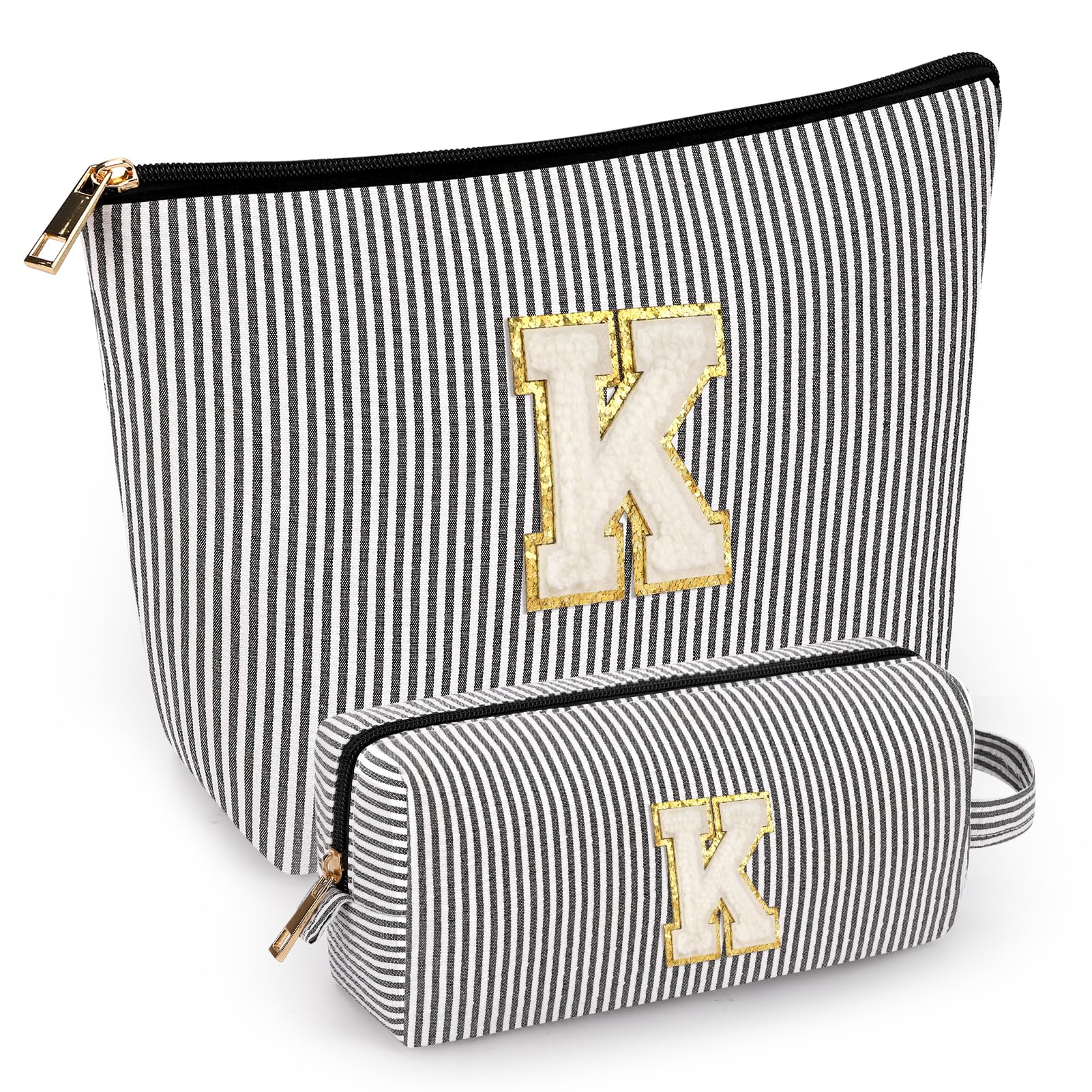 Mibasies initial makeup bag in black K, front view, portable travel case