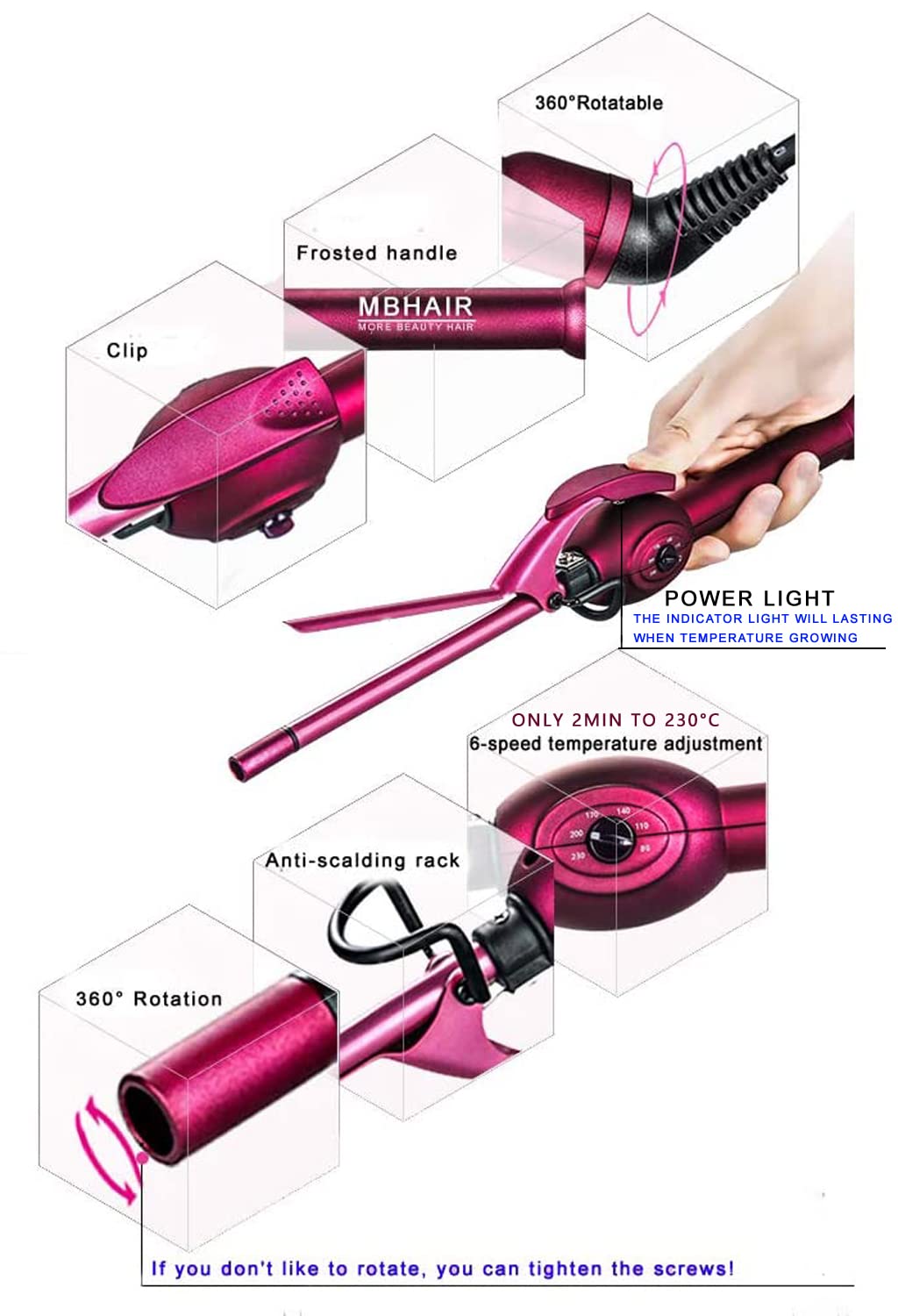 MBHAIR wand features tourmaline ceramic coating for shine and moisture retention