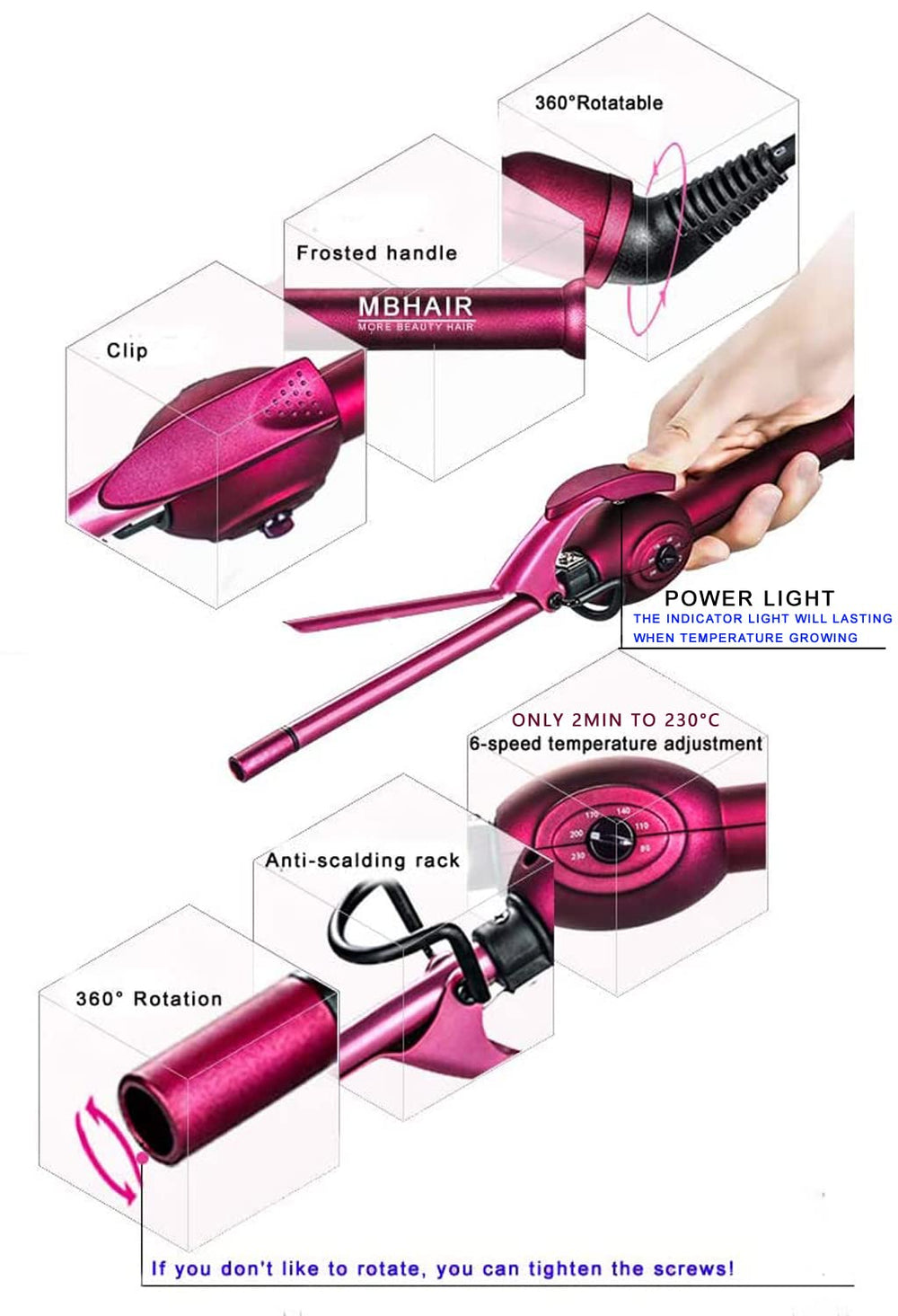 MBHAIR wand features tourmaline ceramic coating for shine and moisture retention