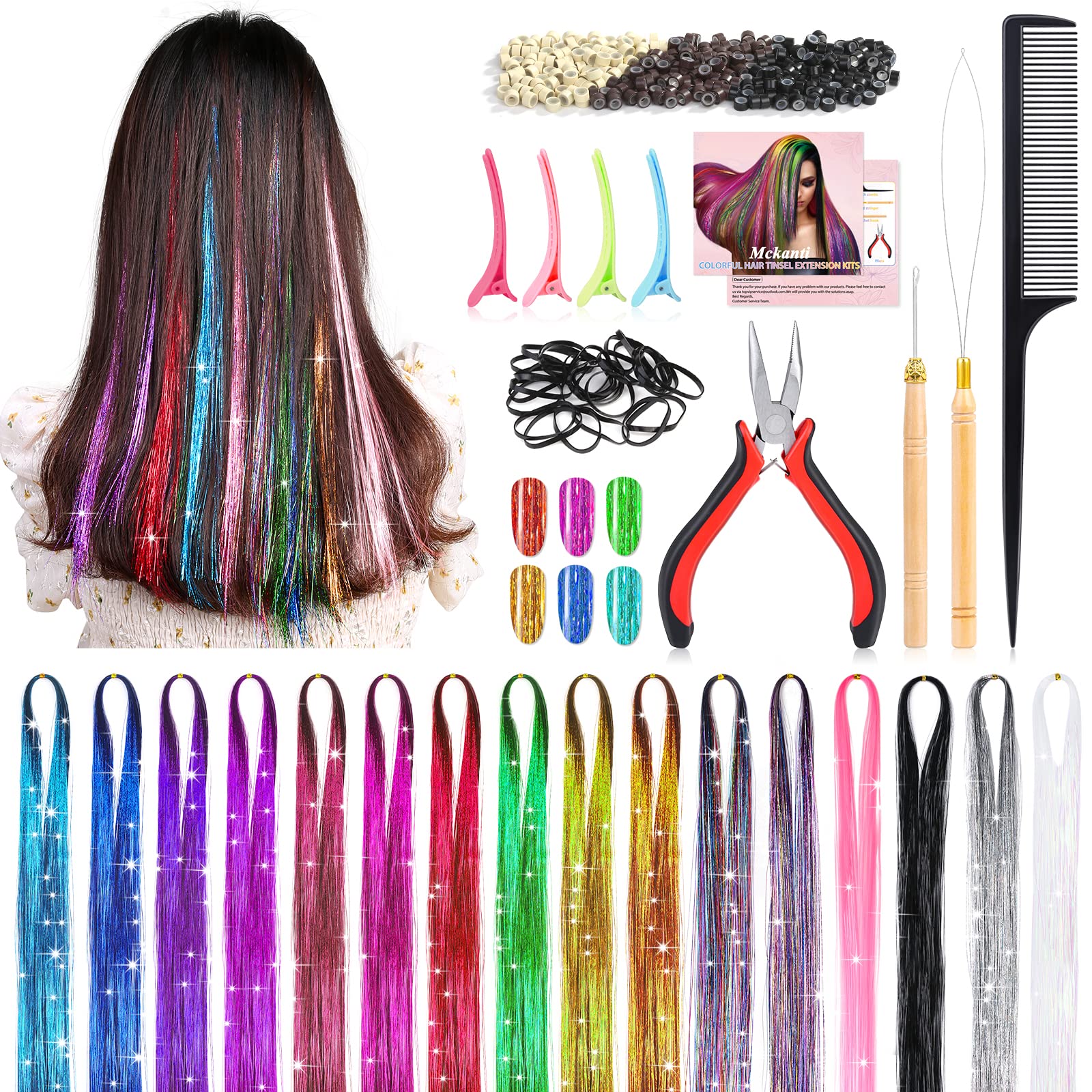 Mckanti hair tinsel kit 16 colors swatches for vibrant party-ready looks