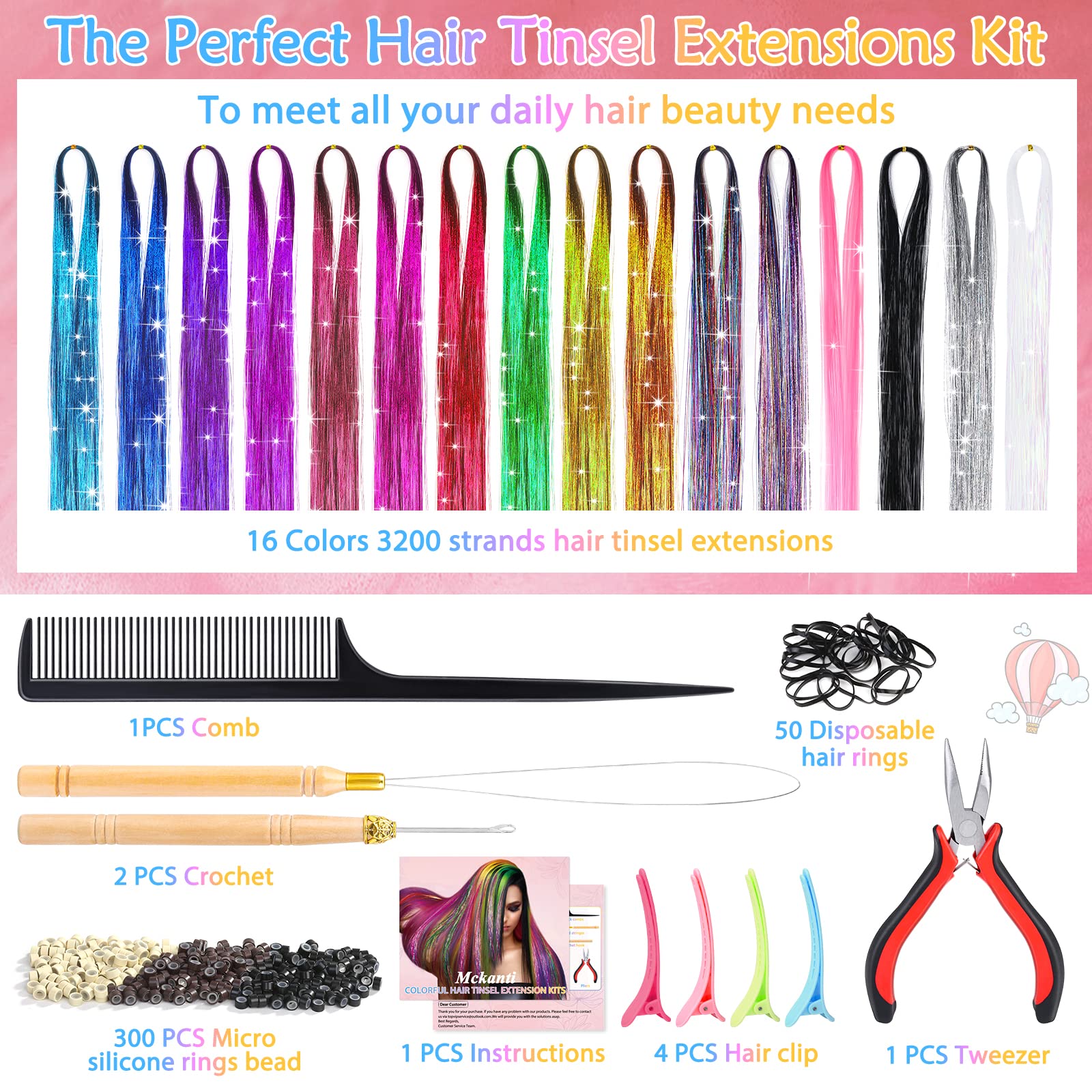 Mckanti hair tinsel kit 3200 strands close-up showing long shimmering extensions