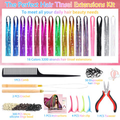 Mckanti hair tinsel kit 3200 strands close-up showing long shimmering extensions