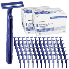 McKesson disposable razors 100-count blue pack, convenient bulk for clinics and salons.