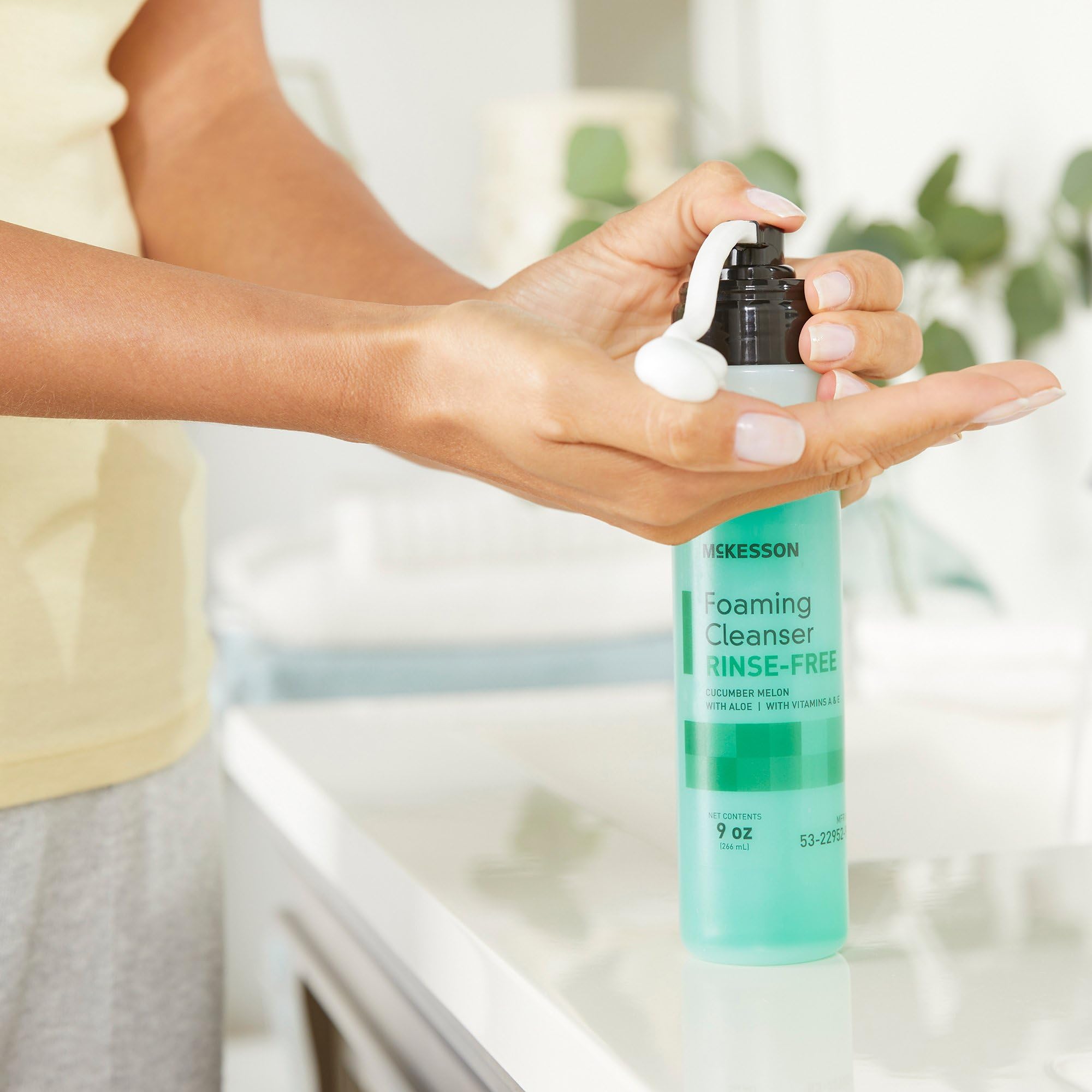 McKesson Rinse-Free Foam Cleanser label highlights aloe and vitamins for skin care