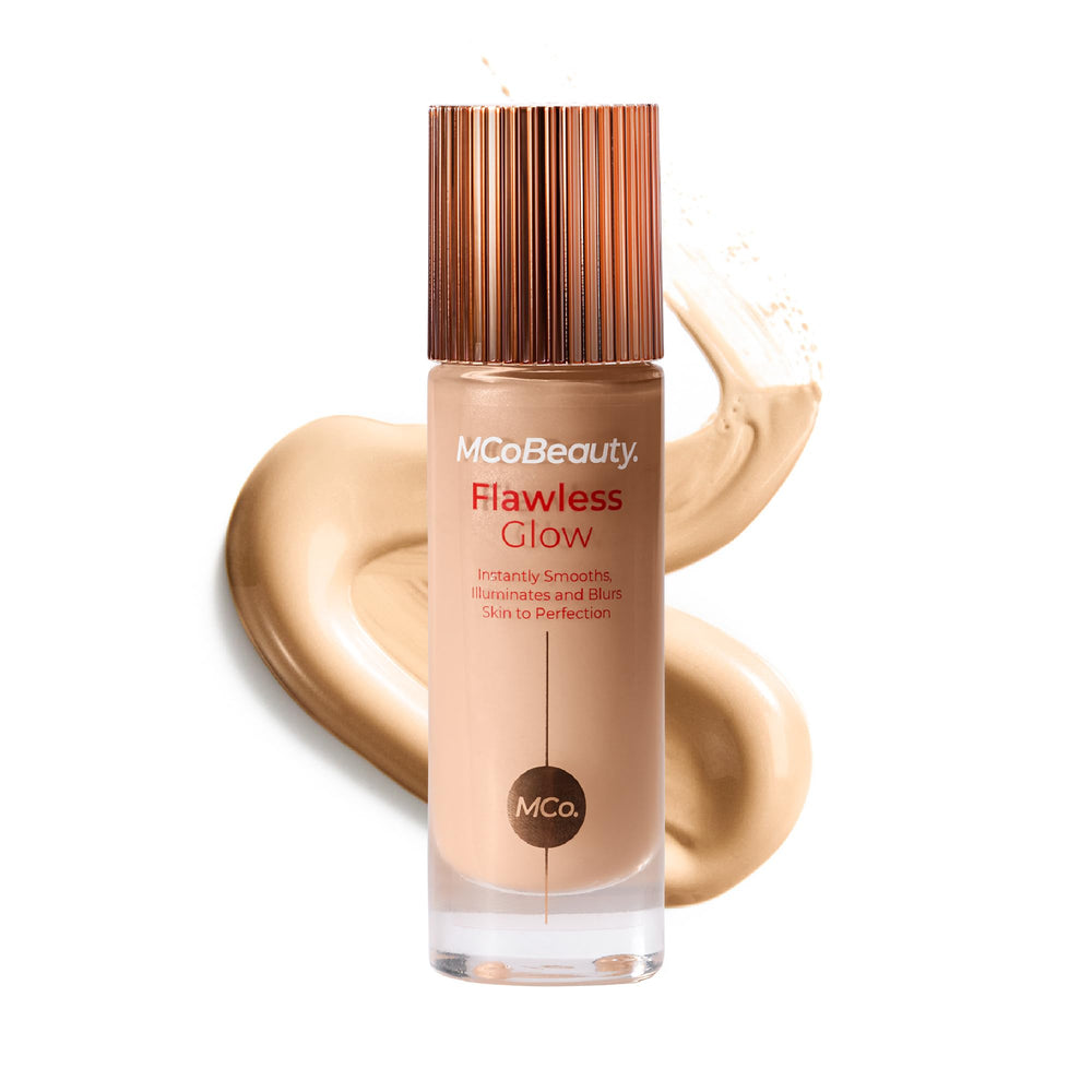 MCoBeauty Flawless Glow Filter arm swatch shows luminous base for soft radiance.