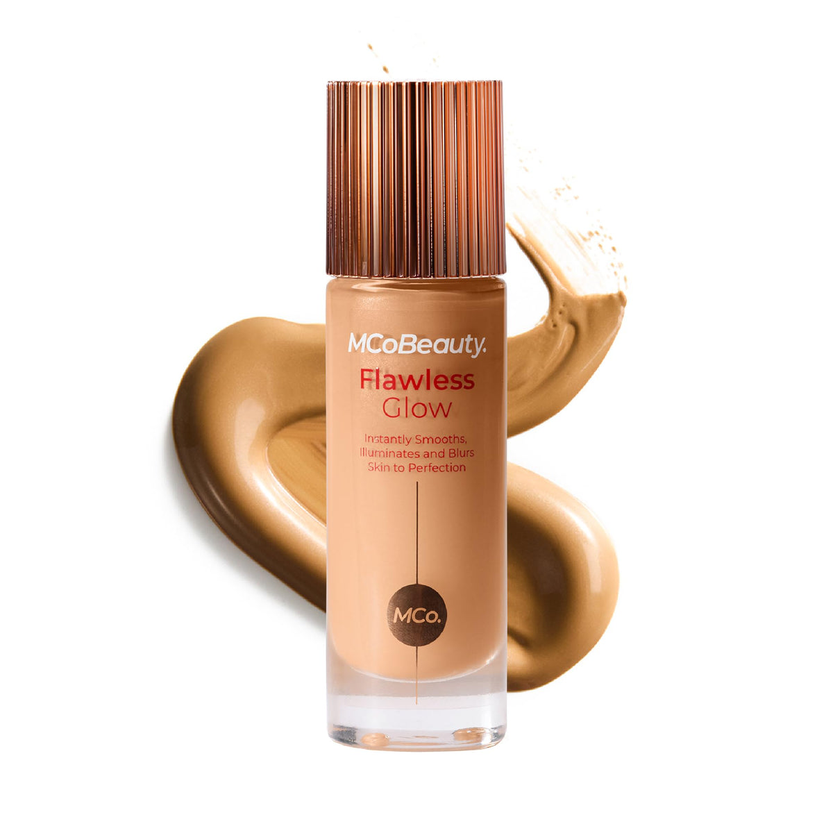 MCoBeauty Flawless Glow bottle shows luminous filter for dewy radiance