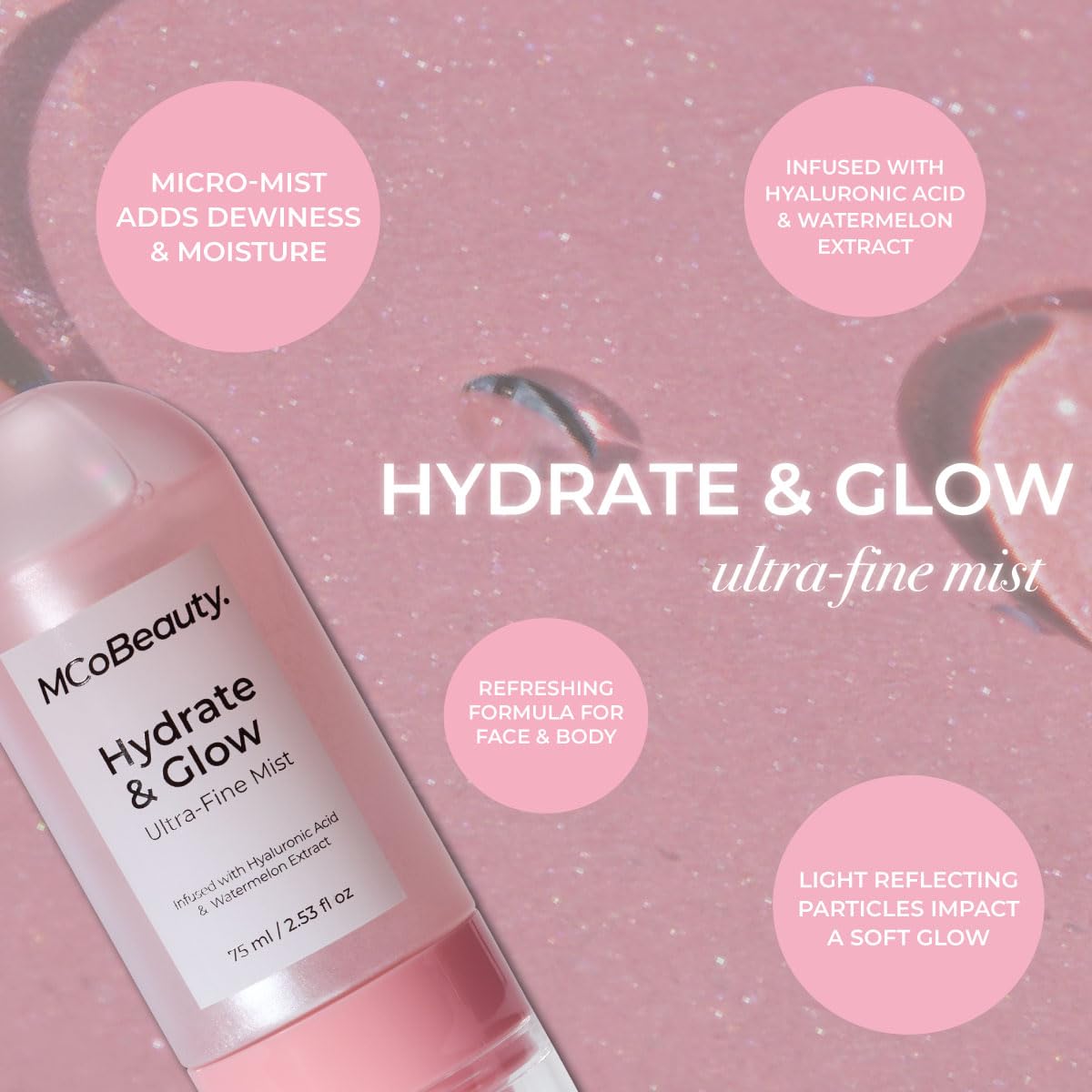mcobeauty hydrate glow mist application on face for dewy radiance.