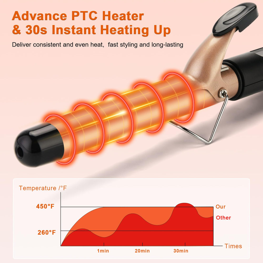 MCODON curling iron LCD display shows adjustable temperature for various hair types.