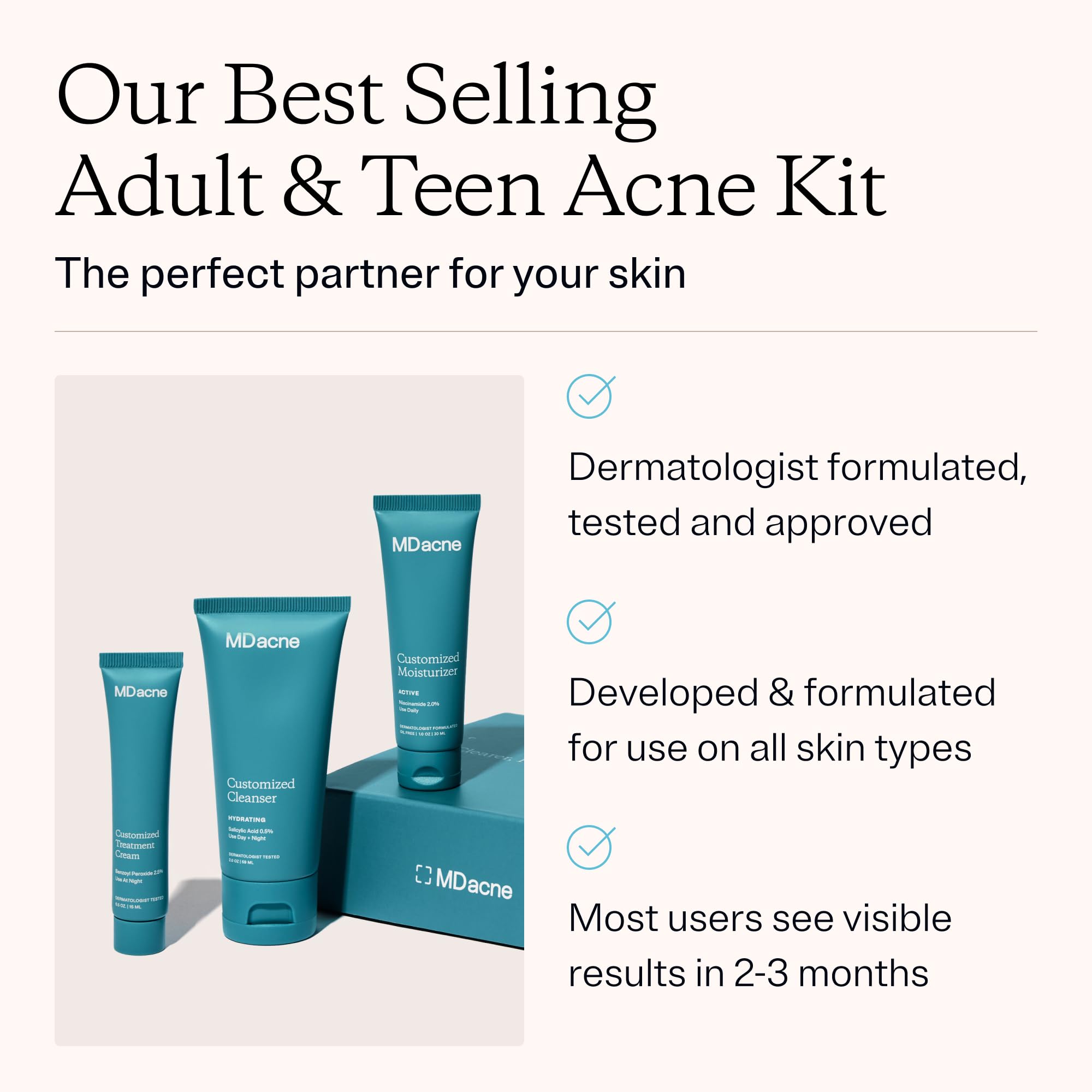MDacne benzoyl peroxide cream bottle shows medicated treatment for breakouts.