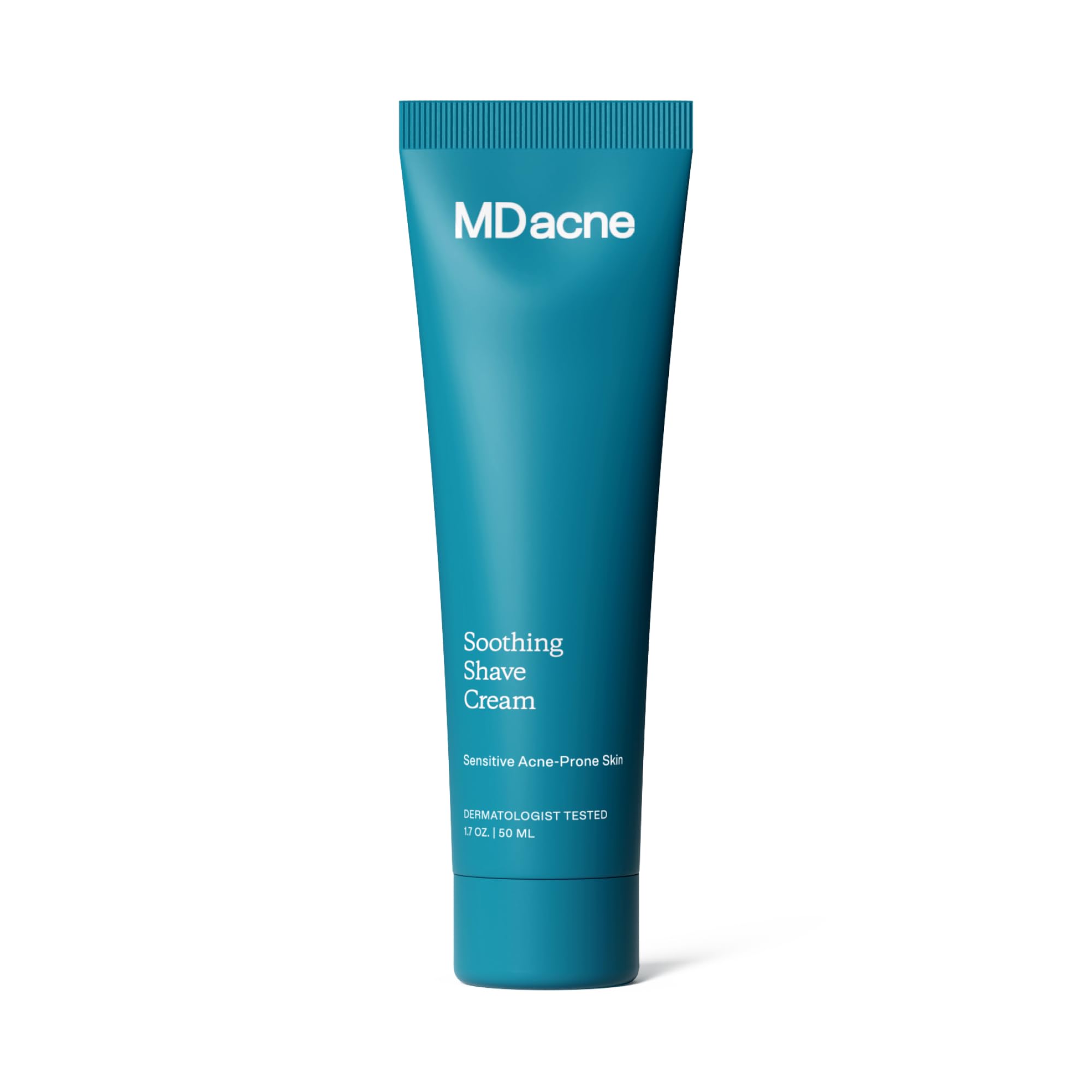 MDacne shaving cream bottle closeup showing soothing acne-prone protection.