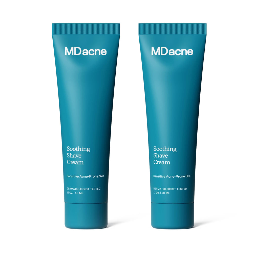 MDacne shaving cream bottle with rich lather for sensitive, acne-prone skin.