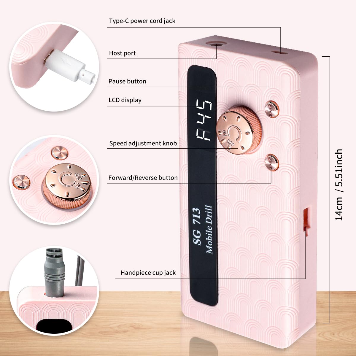 MDK ergonomic grip on nail drill reduces hand fatigue during sessions.