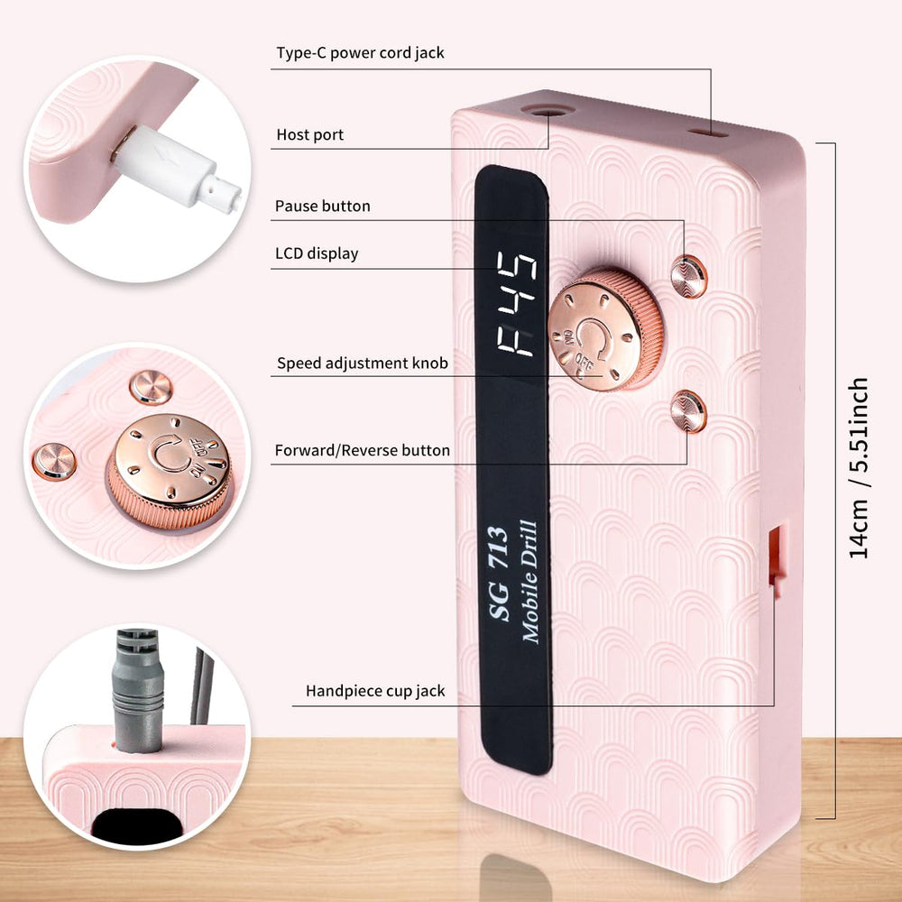 MDK ergonomic grip on nail drill reduces hand fatigue during sessions.