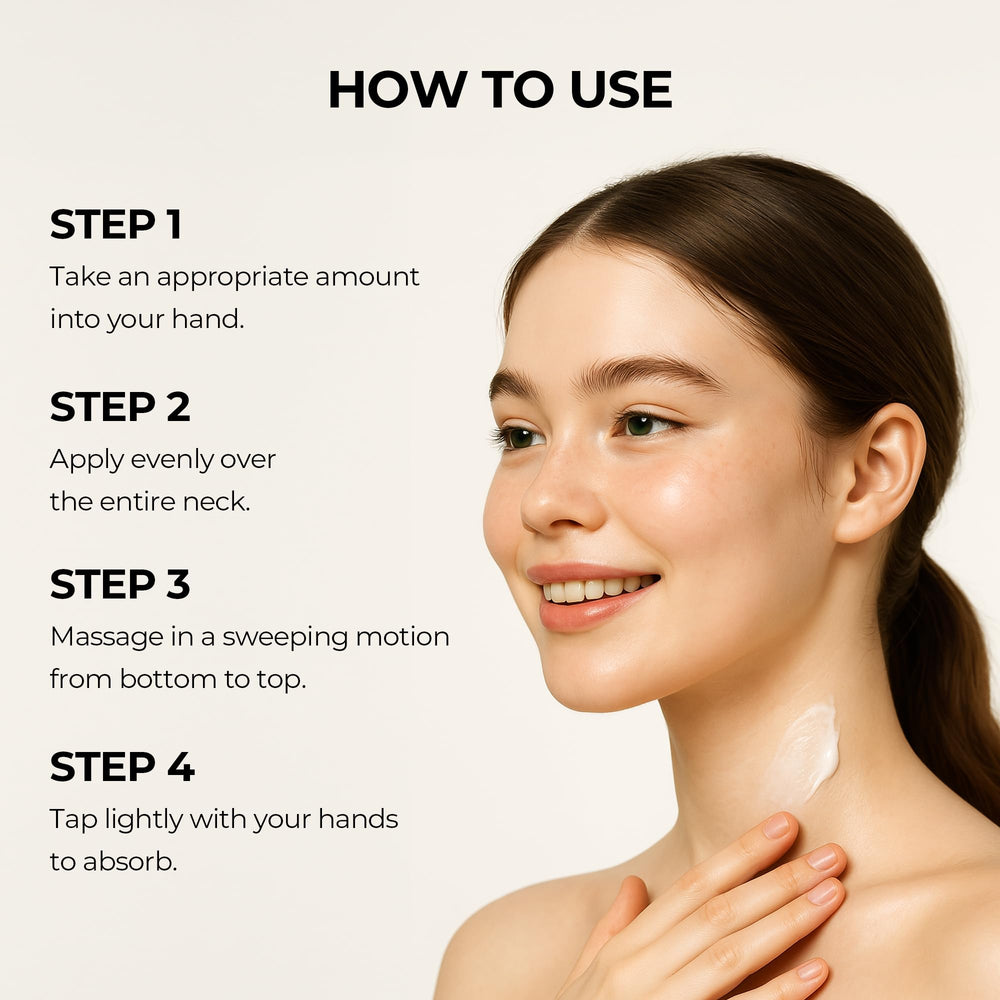 MDP+ Neck Cream application demonstrating quick absorption for smoother, firmer-looking skin