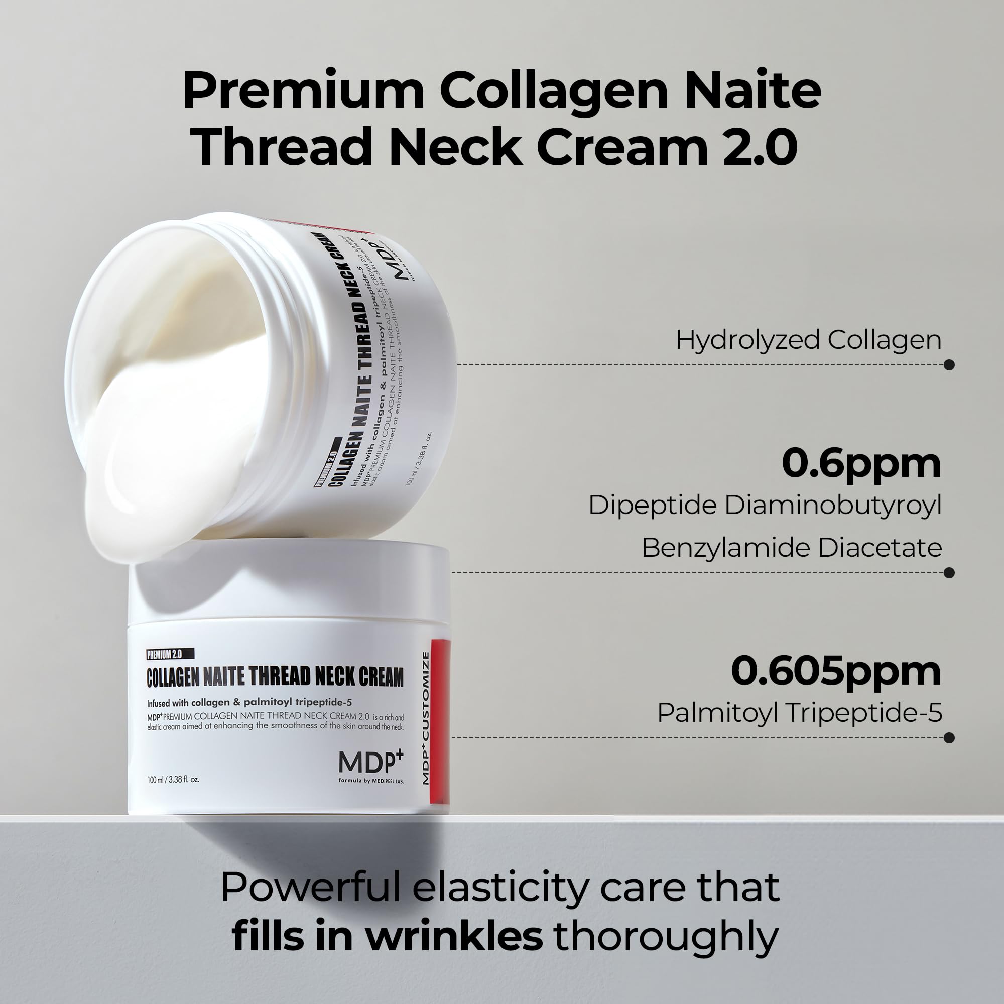 MDP+ neck cream packaging emphasizes premium formula and clean ingredients