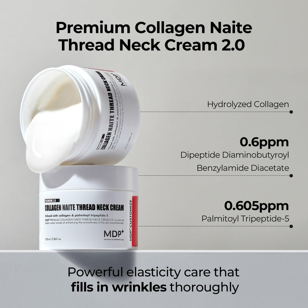 MDP+ neck cream packaging emphasizes premium formula and clean ingredients