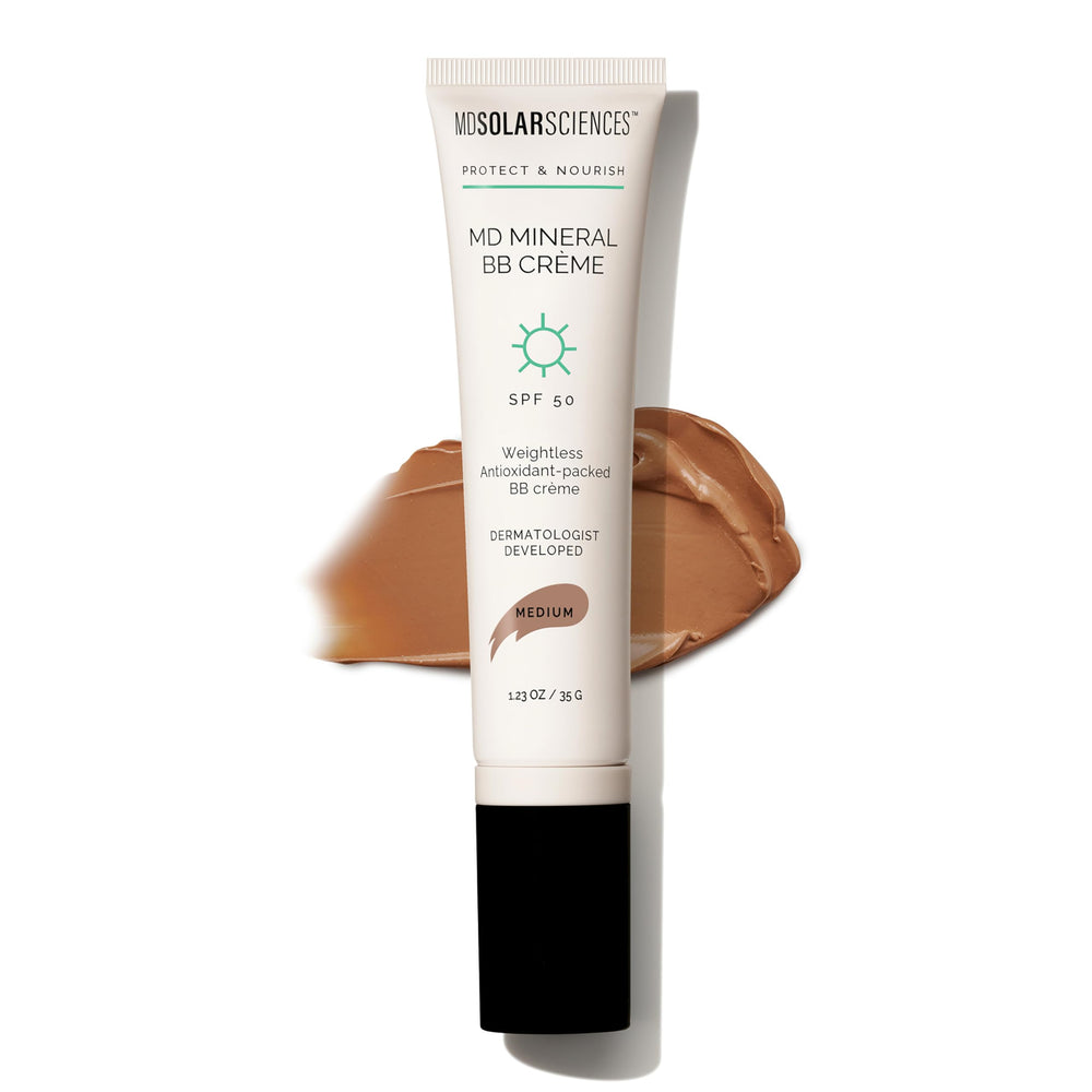 MDSolarSciences Mineral BB Creme SPF 50 bottle demonstrates lightweight sunscreen and primer functionality.