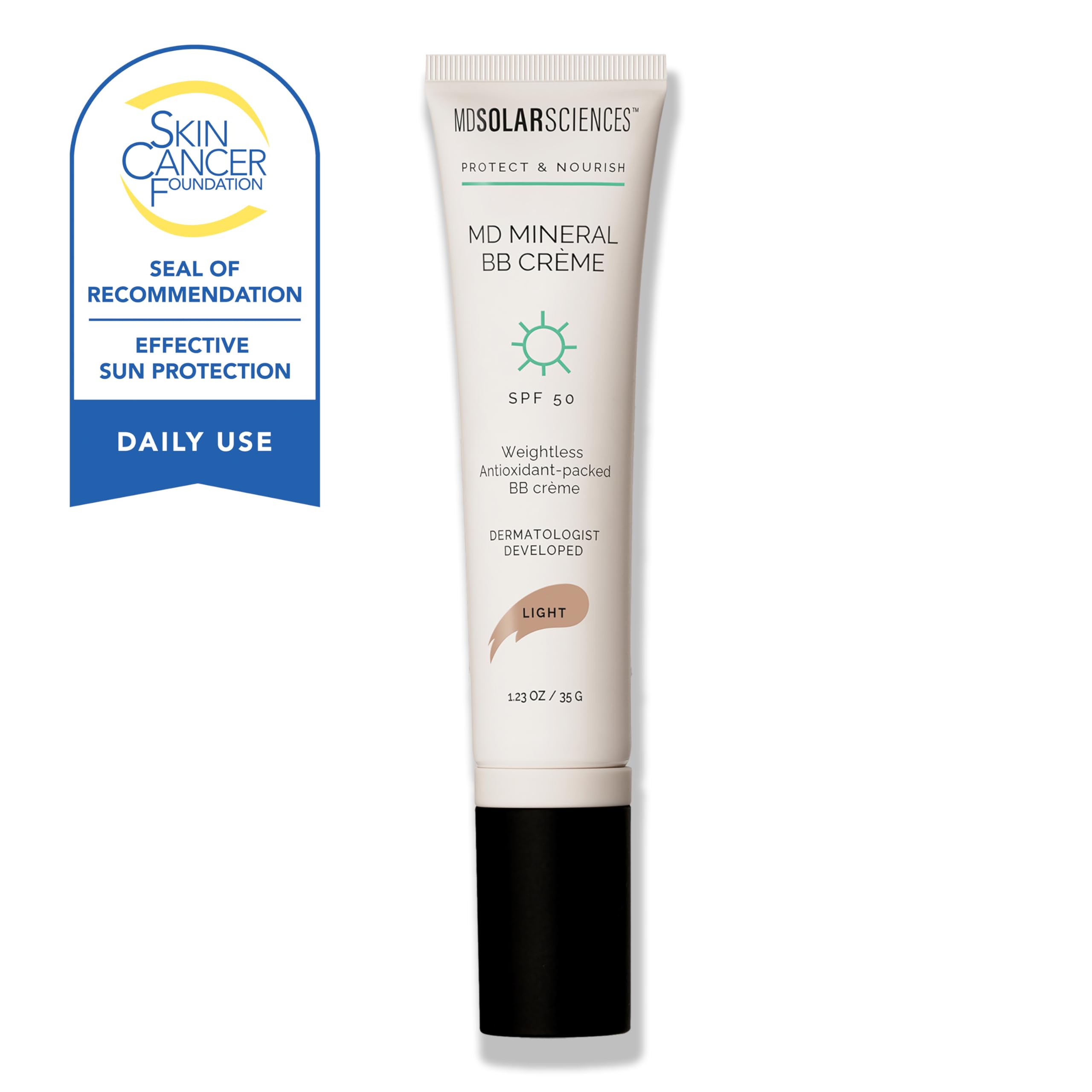 MDSolarSciences Mineral BB Creme light shade swatch on skin for natural match.