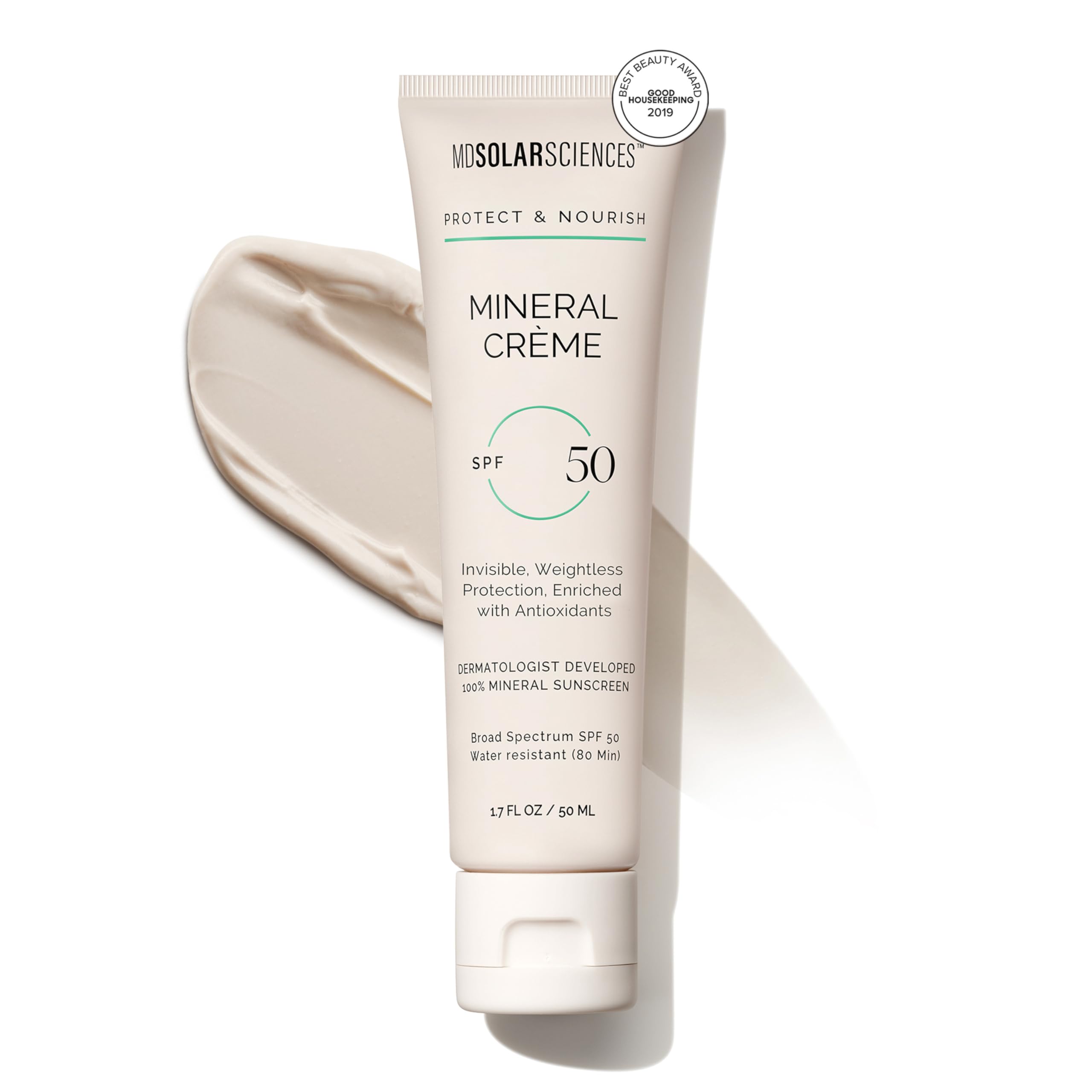 MDSolarSciences Mineral Creme Sunscreen tube front view, SPF 50 protection for everyday wear.