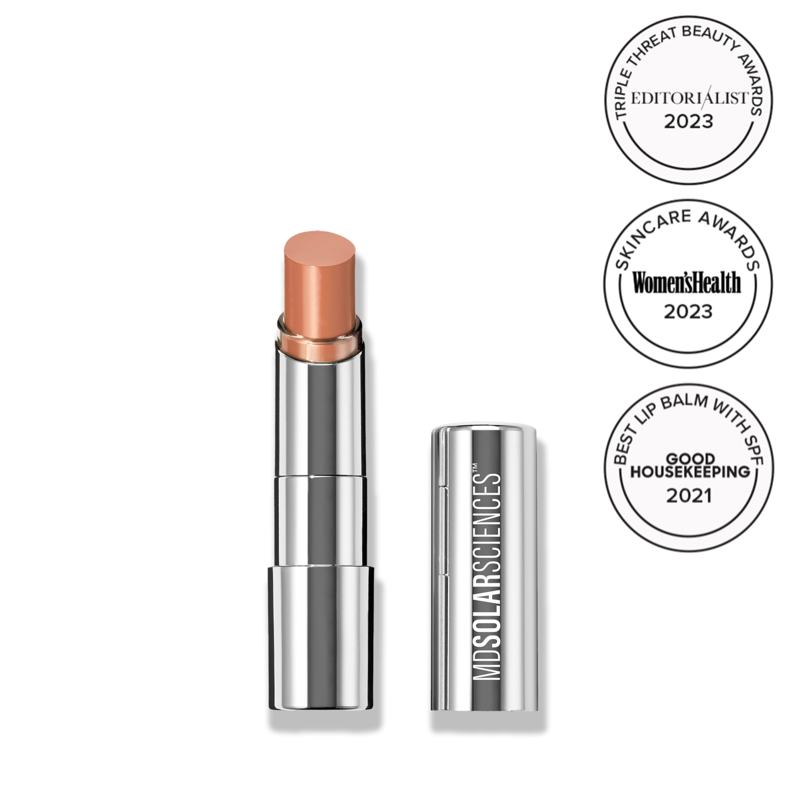 MDSolarSciences lip balm swatch demonstrates creamy hydration and subtle color on lips.