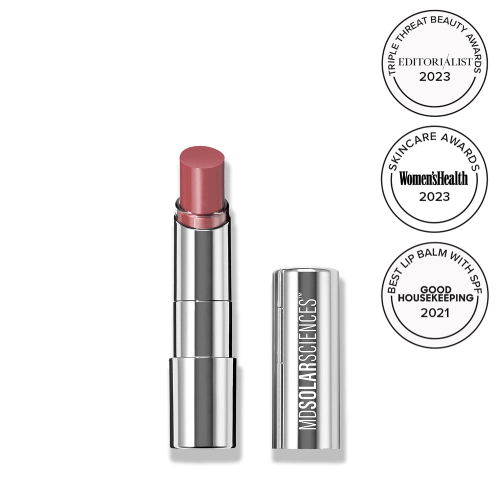 MDSolarSciences tinted lip balm SPF 30 swatch demonstrating sheer color on lips