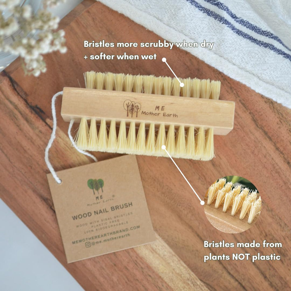 ME MOTHER EARTH bamboo nail brush in use showing gentle scrubbing on hands