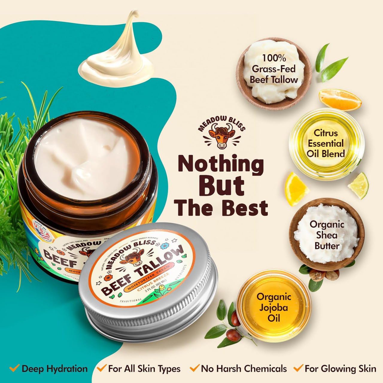 Meadow Bliss beef tallow skin cream ingredients panel featuring jojoba and shea