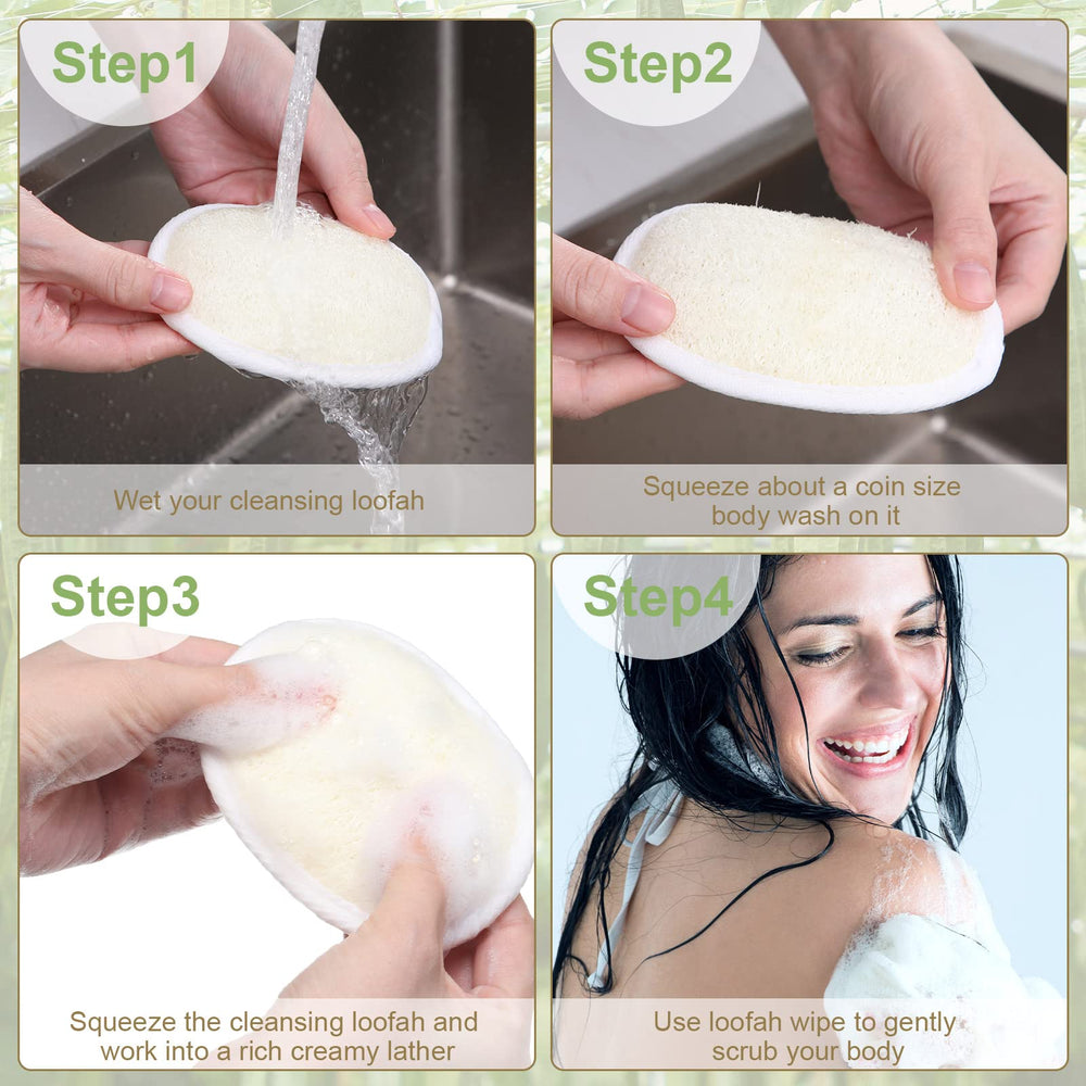 Meanplan loofah pad terry-back closeup emphasizes dual-sided cleansing with soft backing.