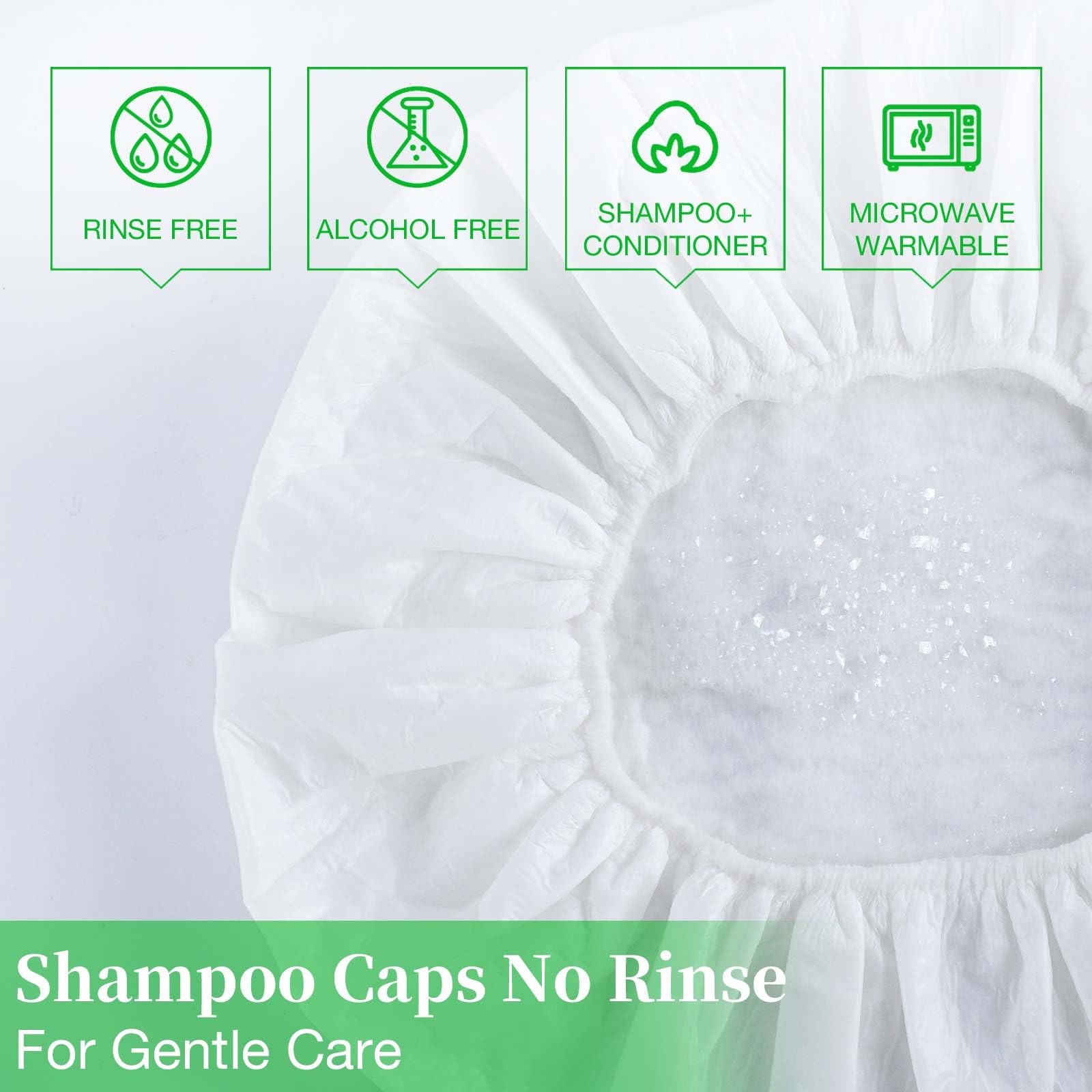 MED shampoo caps damp application for easy no-rinse cleansing.