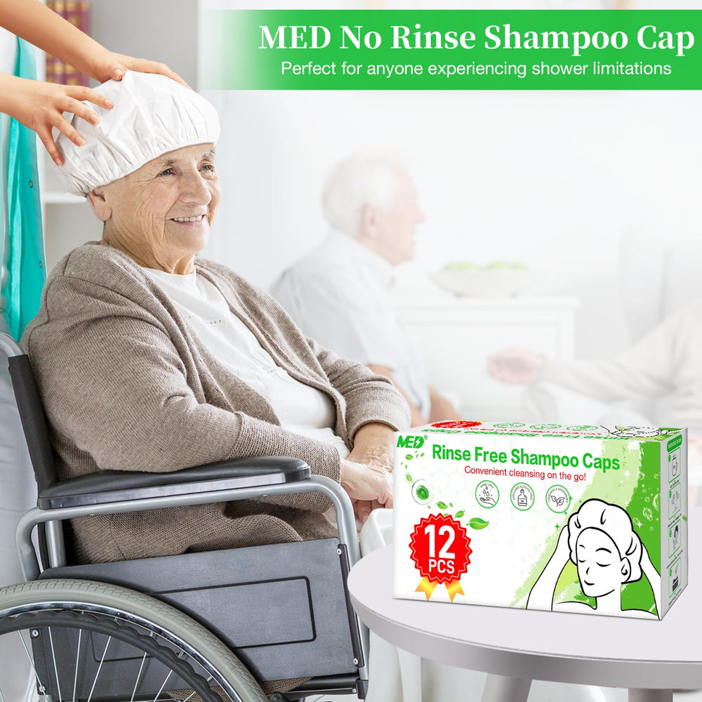MED shampoo caps microwave-ready for warm, comfortable wash.