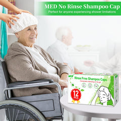 MED shampoo caps microwave-ready for warm, comfortable wash.