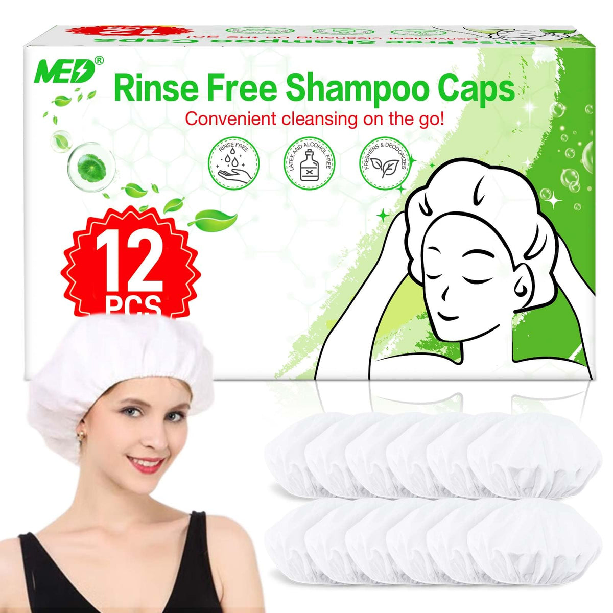 MED shampoo caps no-rinse pack closeup for quick, mess-free washing.