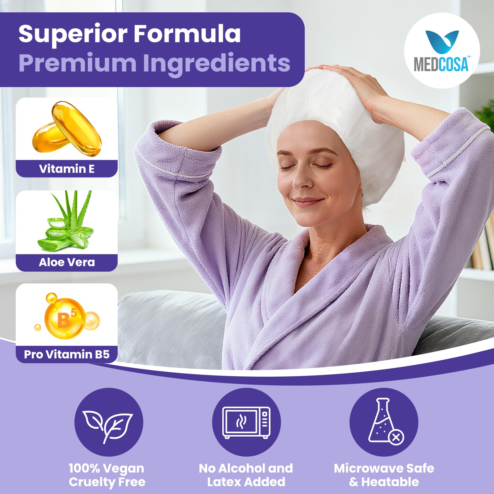 Medcosa Shampoo Caps No Rinse worn on the head for bedridden hair care.