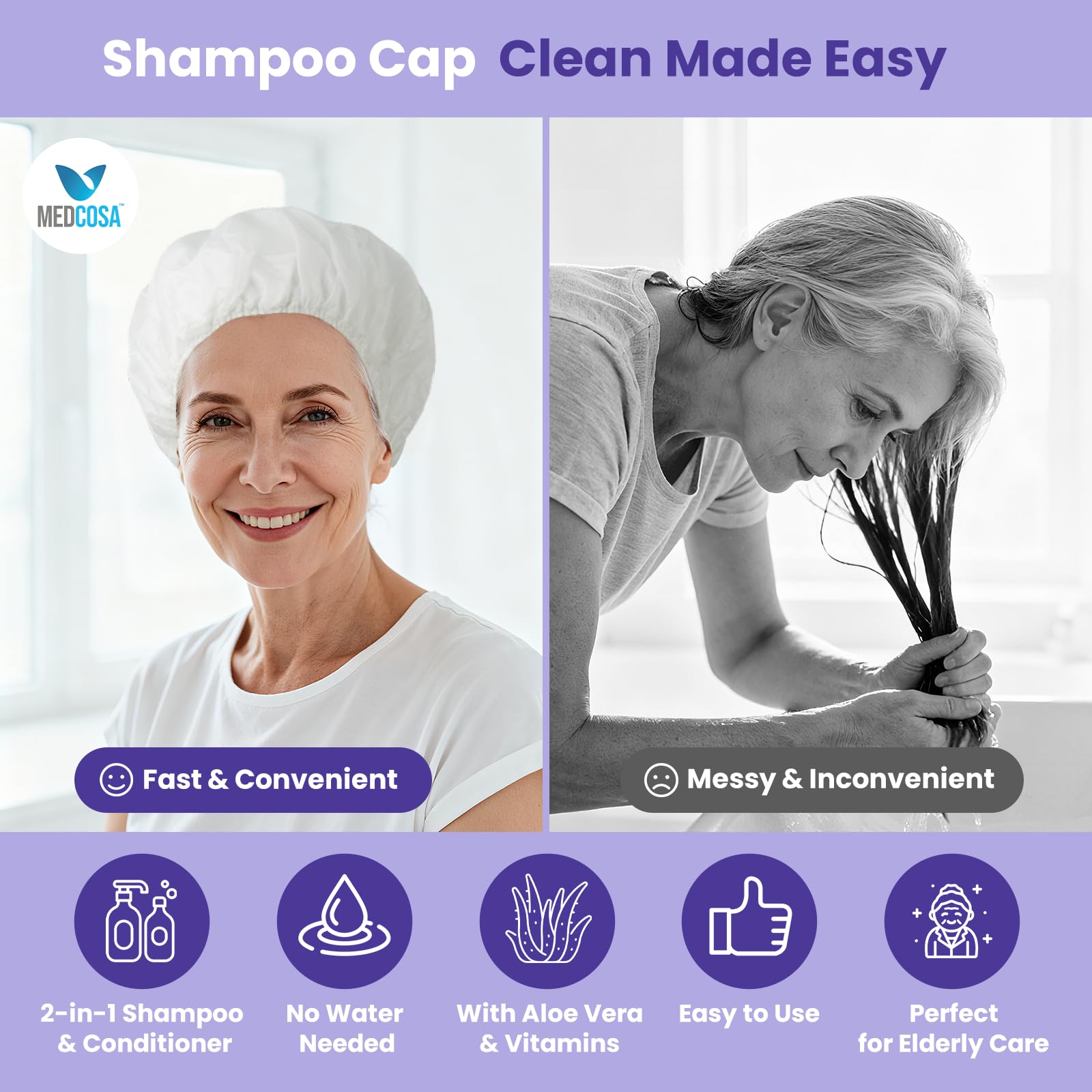 Medcosa Shampoo Caps No Rinse warmed in microwave for quick, comfortable cleansing.