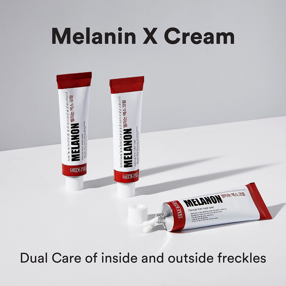 MEDI-PEEL Melanon X Cream box and jar on bathroom counter for skincare routine.