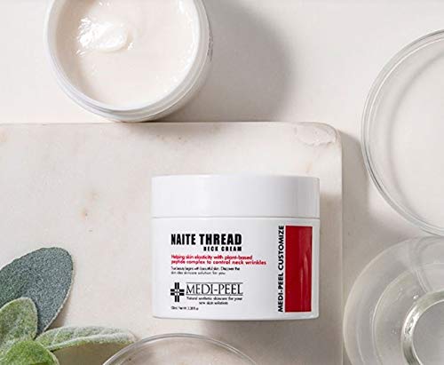 MEDI-PEEL Naite Thread Neck Cream application shot demonstrates gentle patting to boost elasticity.