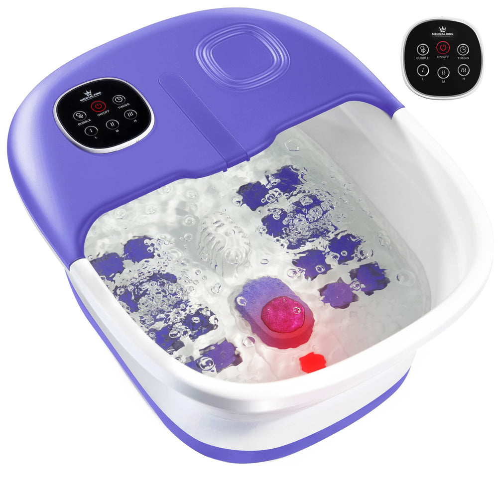 Medical King Foot Spa remote control in hand for effortless heat and bubble settings.
