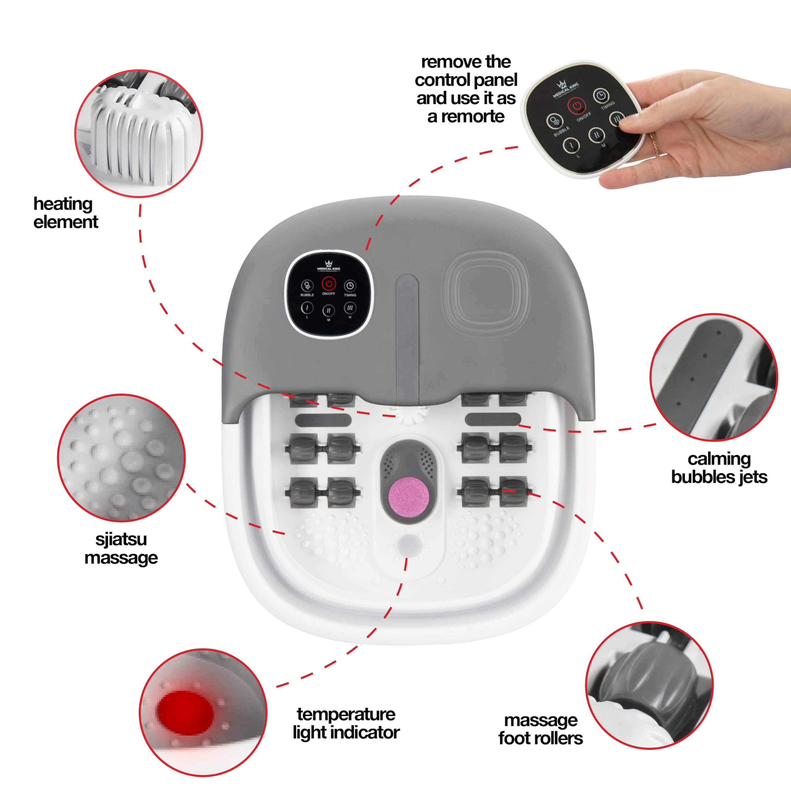 Medical king foot spa removable rollers provide full-foot massage.