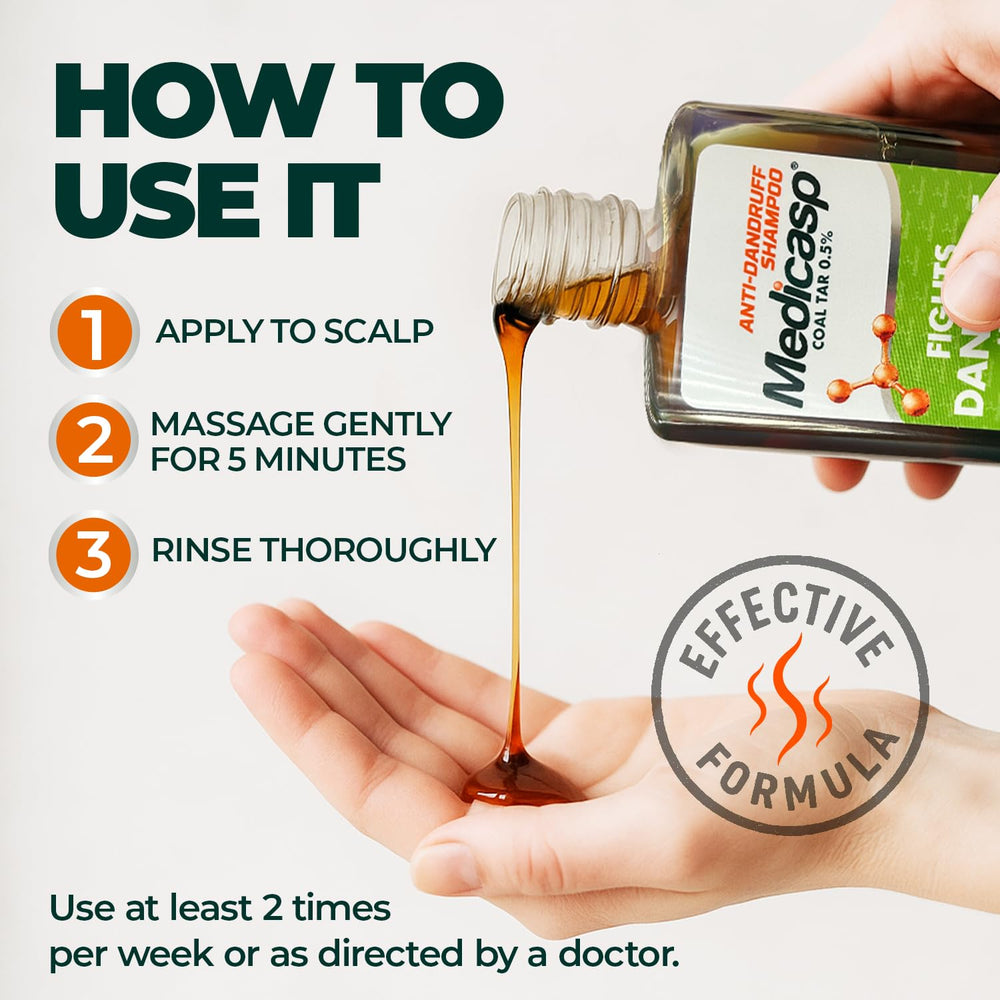 Medicasp coal tar anti-dandruff shampoo 6oz bottle supports regular scalp care in daily routines.