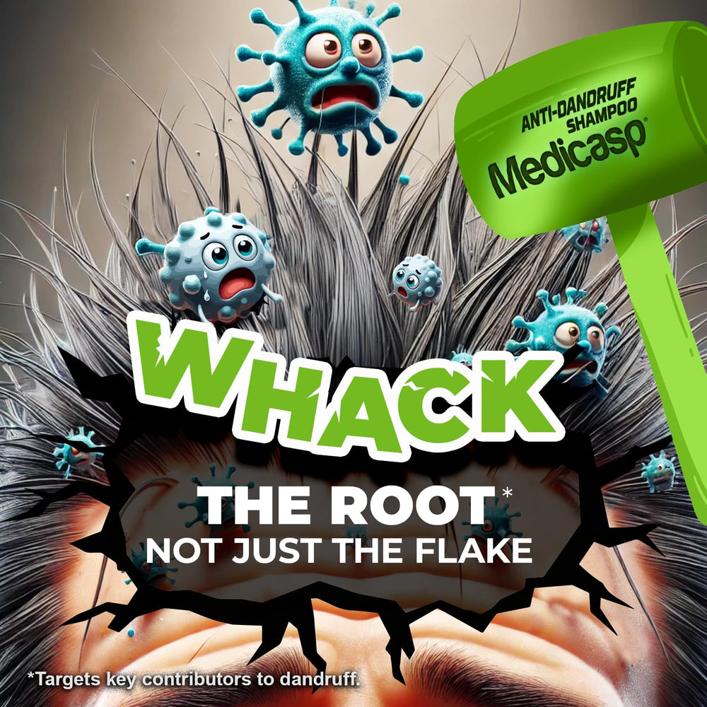 Medicasp coal tar anti-dandruff shampoo bottle back label highlights directions and ingredients for scalp relief.