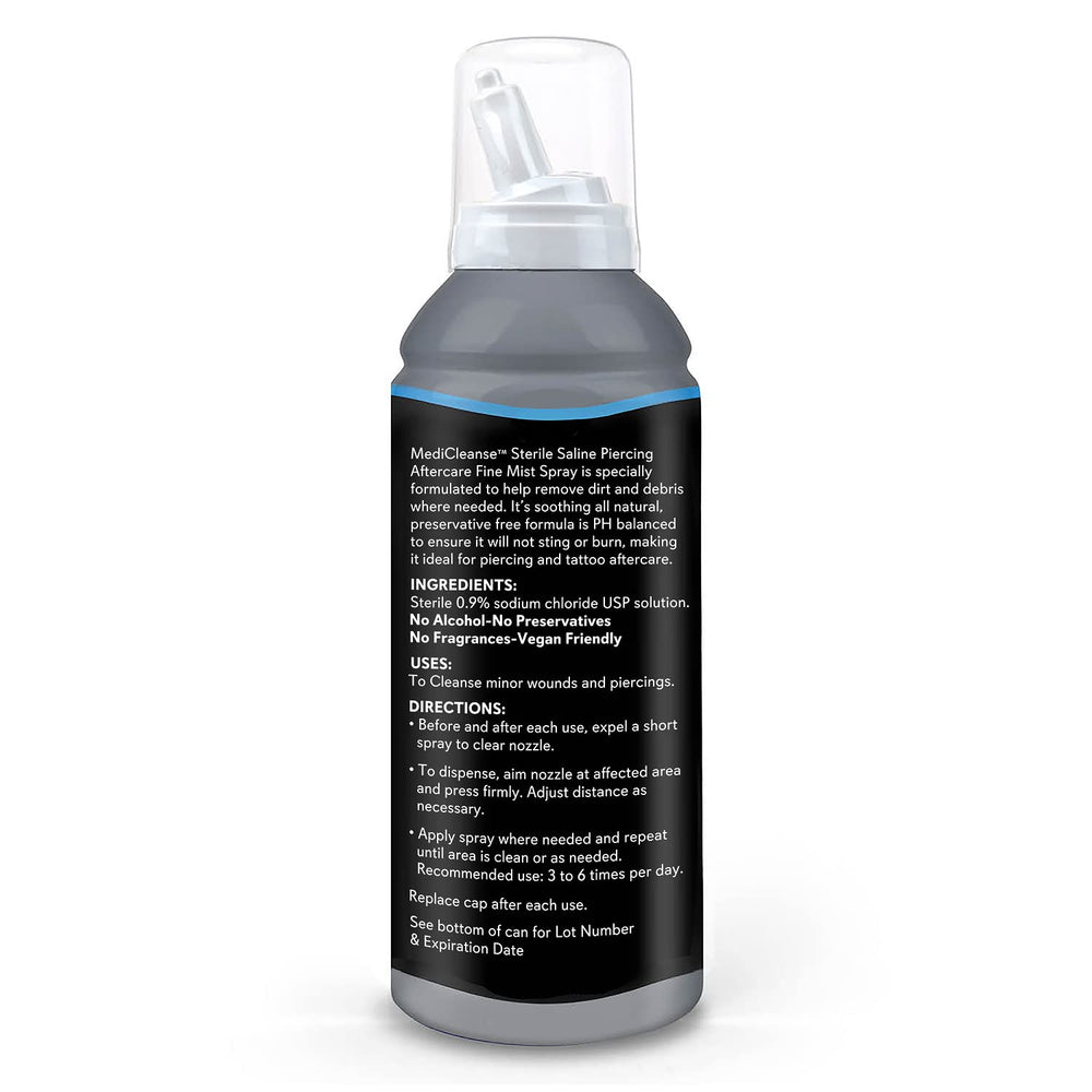 MediCleanse fine mist spray nozzle close-up for easy all-body piercing care.